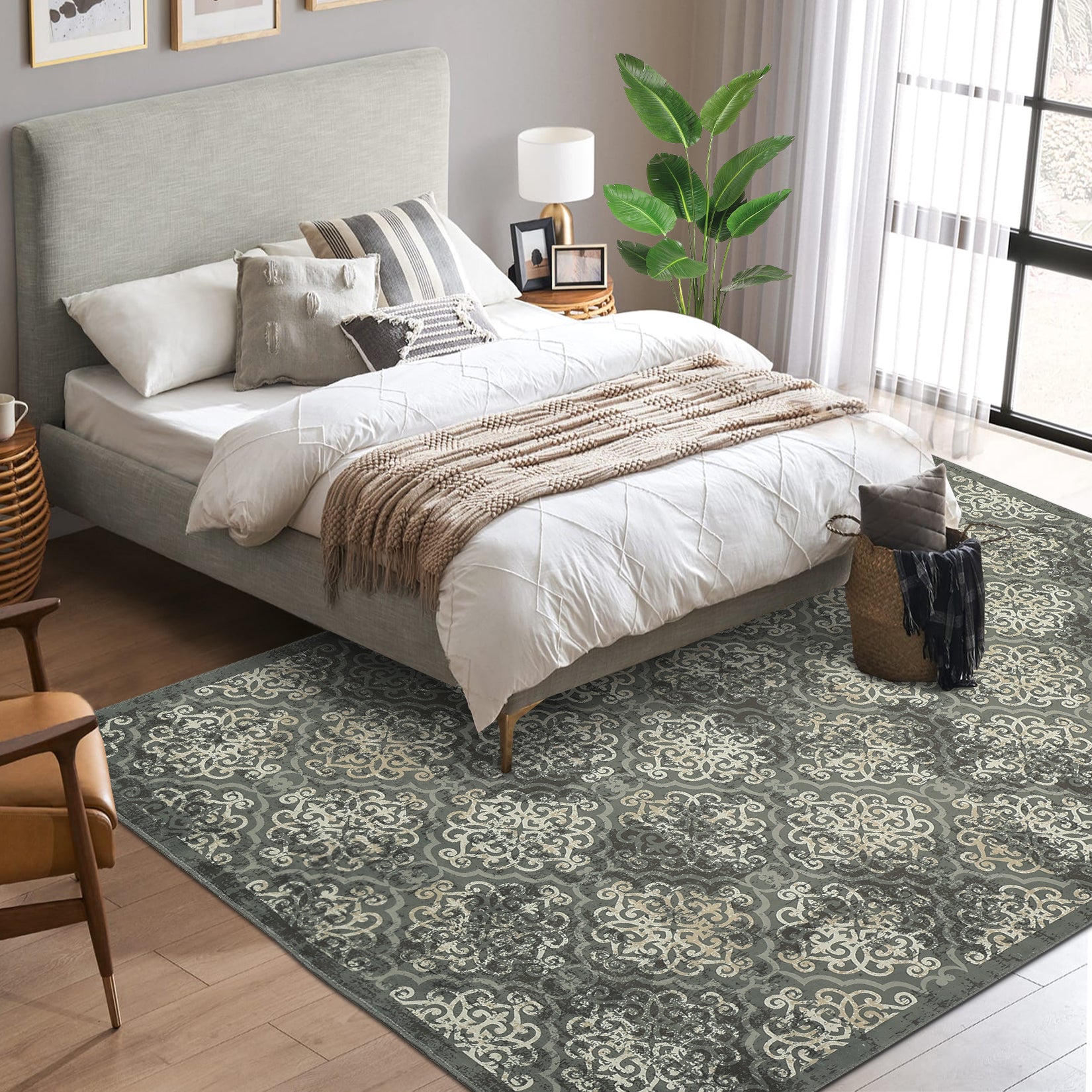 Garvee Large Throw Rugs for Living Room 10x13, Vintage Washable Rugs for Bedroom Non Slip Entryway Rugs, Moroccan Soft Rubber Backing Low Pile Printed Carpet for Bedside Kitchen, Olive Green