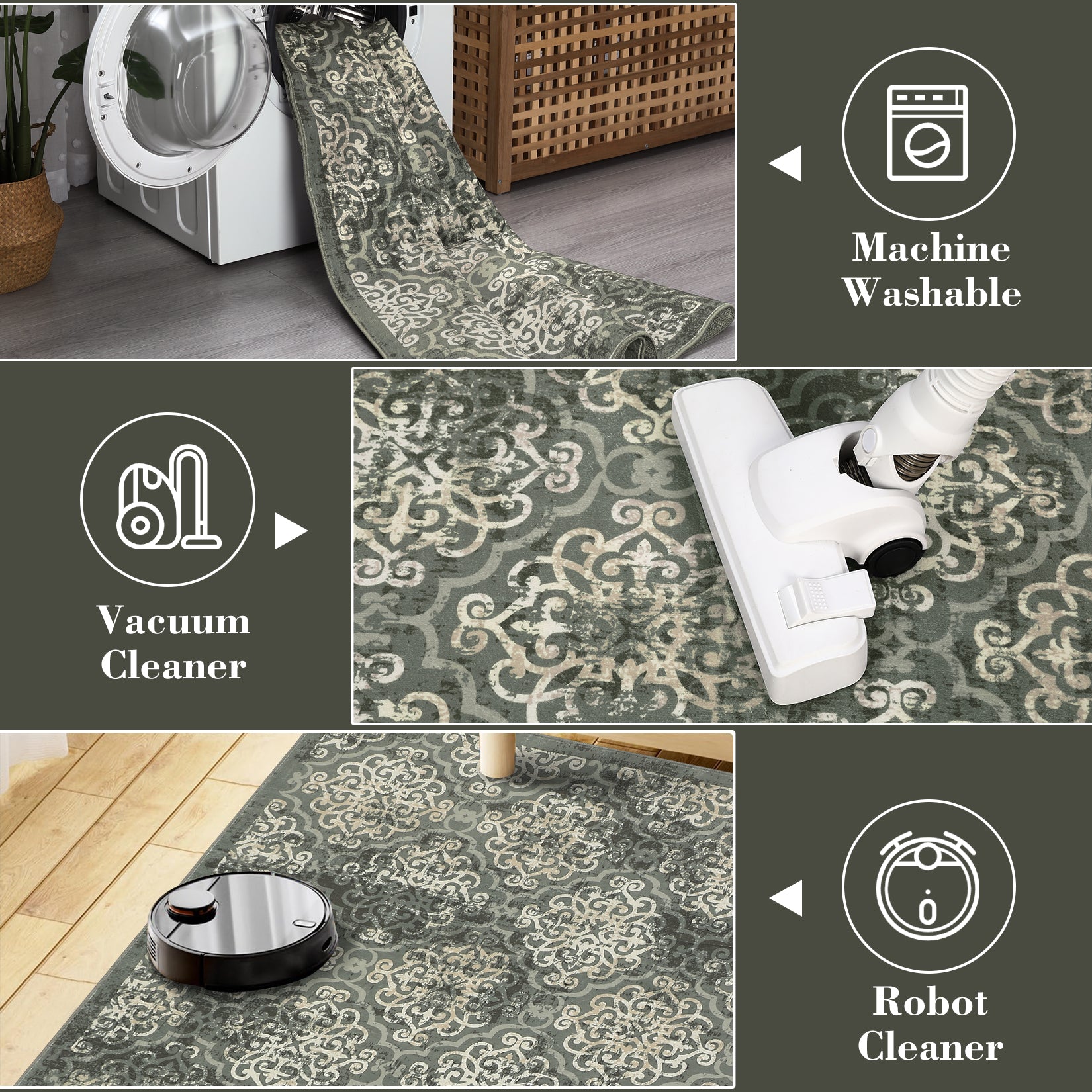 Garvee Large Throw Rugs for Living Room 10x13, Vintage Washable Rugs for Bedroom Non Slip Entryway Rugs, Moroccan Soft Rubber Backing Low Pile Printed Carpet for Bedside Kitchen, Olive Green