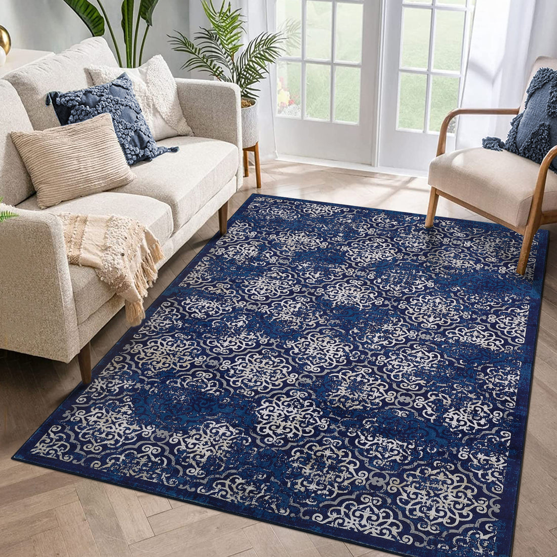 Garvee Large Throw Rugs for Living Room 10x13, Vintage Washable Rugs for Bedroom Non Slip Entryway Rugs, Moroccan Soft Rubber Backing Low Pile Printed Carpet for Bedside Kitchen, Blue