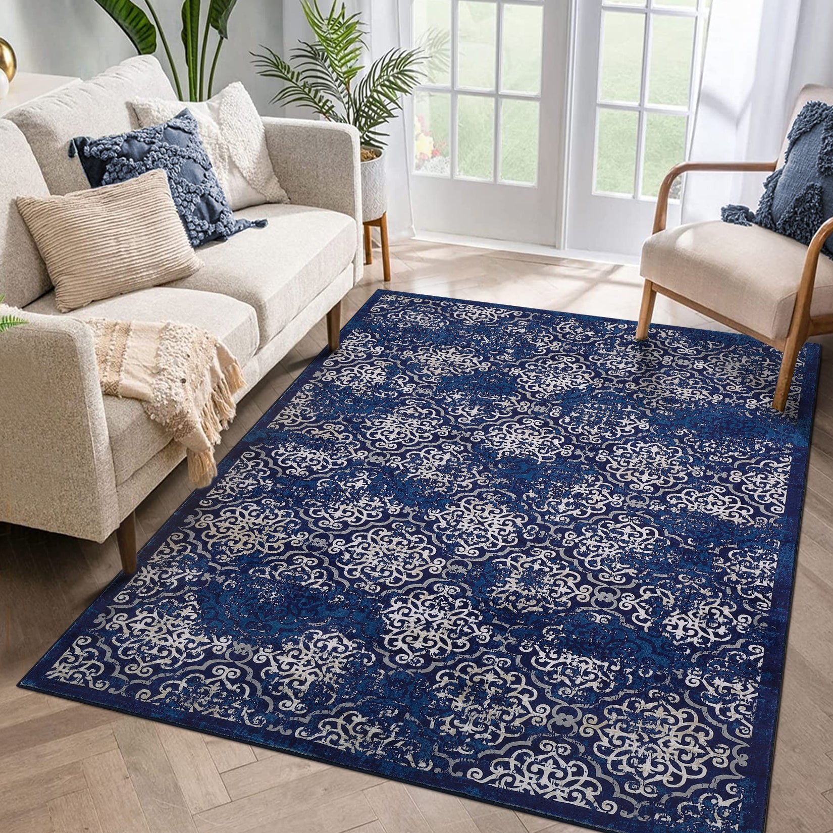 Garvee 8x10ft Area Rug for Living Room/Bedroom - Low Pile, Non-Slip, Washable - Soft Polypropylene, Snowflake Print, Ethnic Style - Ideal for Kids' Rooms
