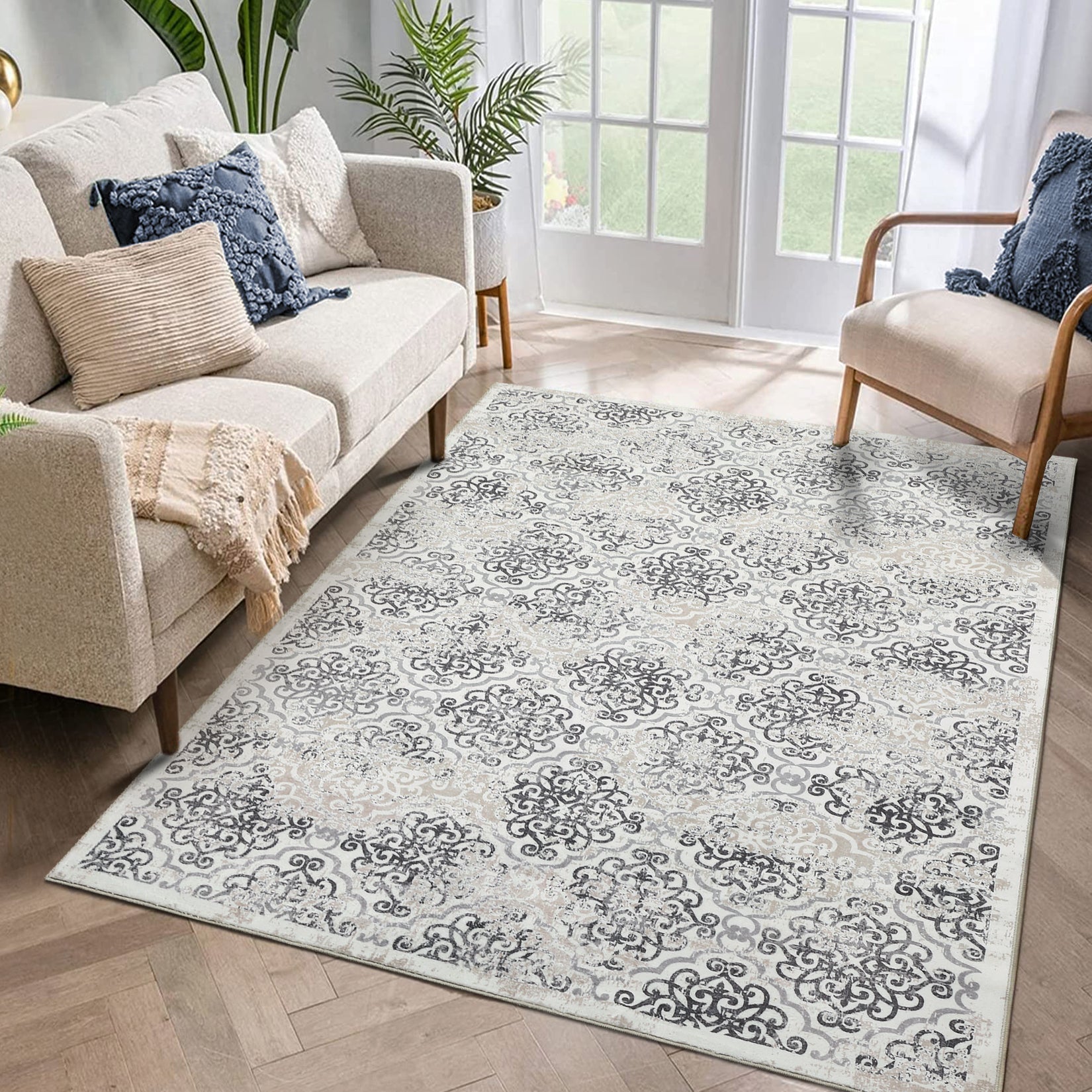 Garvee Large Throw Rugs for Living Room 10x13, Vintage Washable Rugs for Bedroom Non Slip Entryway Rugs, Moroccan Soft Rubber Backing Low Pile Printed Carpet for Bedside Kitchen, Grey