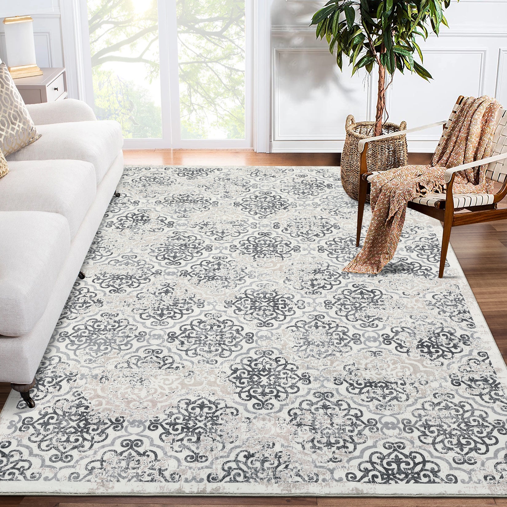 Garvee Large Throw Rugs for Living Room 10x13, Vintage Washable Rugs for Bedroom Non Slip Entryway Rugs, Moroccan Soft Rubber Backing Low Pile Printed Carpet for Bedside Kitchen, Grey