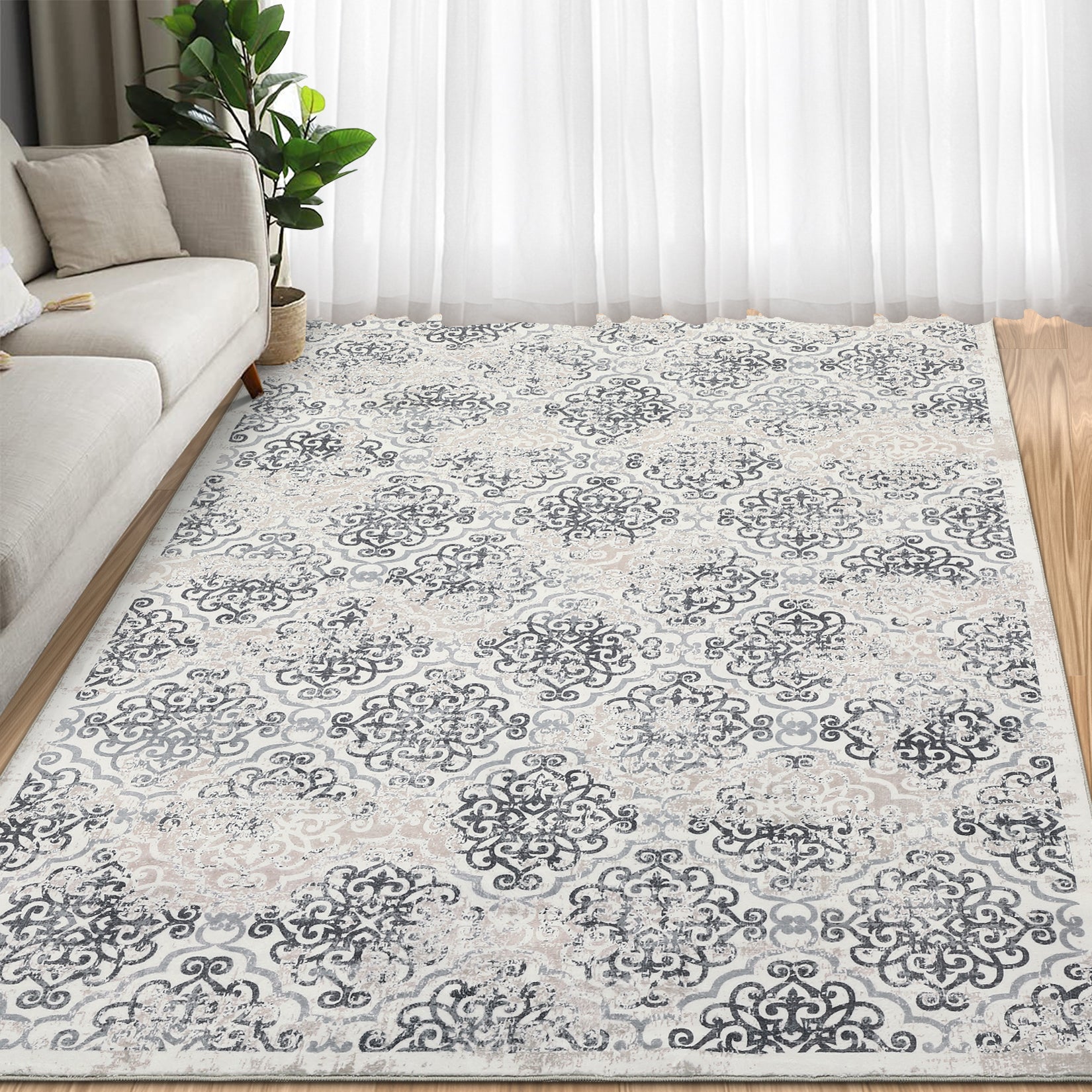Garvee Large Throw Rugs for Living Room 10x13, Vintage Washable Rugs for Bedroom Non Slip Entryway Rugs, Moroccan Soft Rubber Backing Low Pile Printed Carpet for Bedside Kitchen, Grey