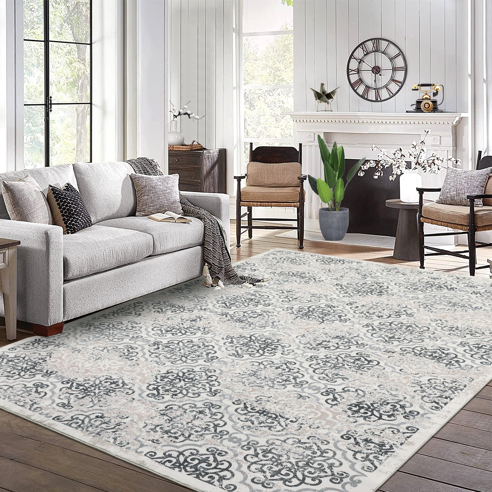 Garvee Large Throw Rugs for Living Room 10x13, Vintage Washable Rugs for Bedroom Non Slip Entryway Rugs, Moroccan Soft Rubber Backing Low Pile Printed Carpet for Bedside Kitchen, Grey