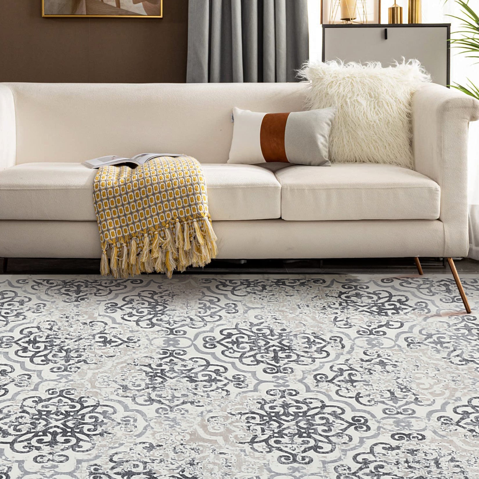 Garvee Large Throw Rugs for Living Room 10x13, Vintage Washable Rugs for Bedroom Non Slip Entryway Rugs, Moroccan Soft Rubber Backing Low Pile Printed Carpet for Bedside Kitchen, Grey