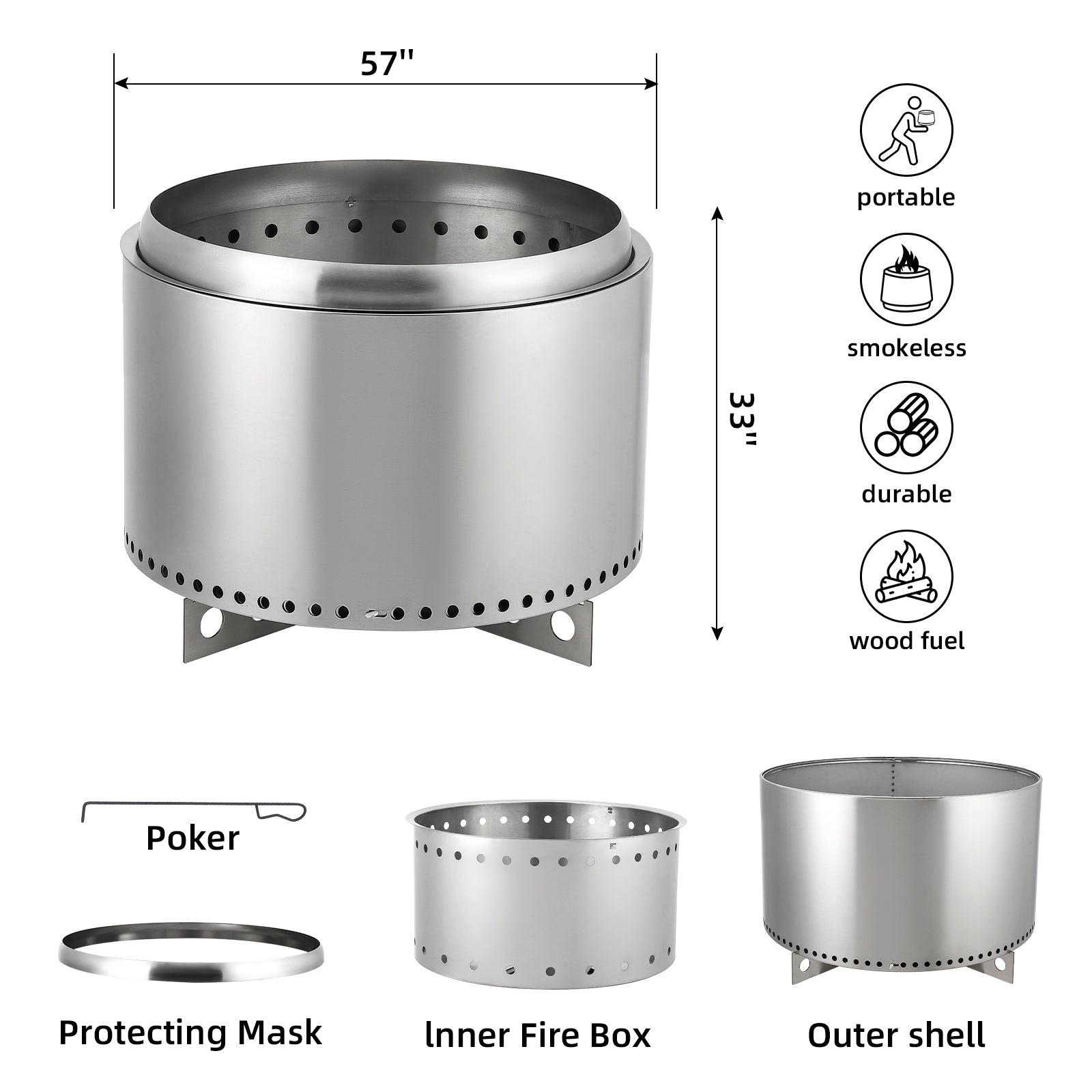 Garvee 20.5" Smokeless Fire Pit with Air Switch,Without handle,Wood Burning Portable Stainless Steel Outdoor Firepit with Removable Stand & Stove Hook, Ash Pan, for Camping Backyard Patio Picnic