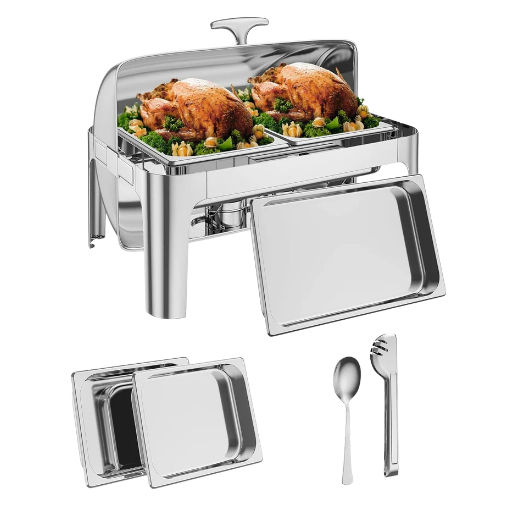 Garvee 9QT(1×1/1+2×1/2Pan)Stainless Steel Roll Top Chafing Dish ,Stainless Steel Chafing Dish Set Equipped with Full Size Pan Chafer for Wedding,Parties,Banquet,Catering Event,1 Pack