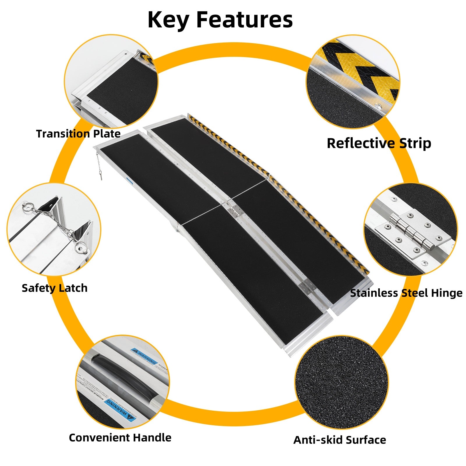 Garvee 8FT Portable Aluminum Wheelchair Ramp for Steps with Non-Skid Surface, Reflective Strips, Foldable Design, 600 Lbs Capacity, Home and Travel Use