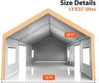 Garvee Heavy Duty Carport 13x25 FT Oversized Portable Garage with 4 Doors & 4 Windows, Reinforced Frame, Waterproof PE Tarp, All-Weather Protection, Galvanized Steel, Outdoor Shelter for Cars and Gatherings