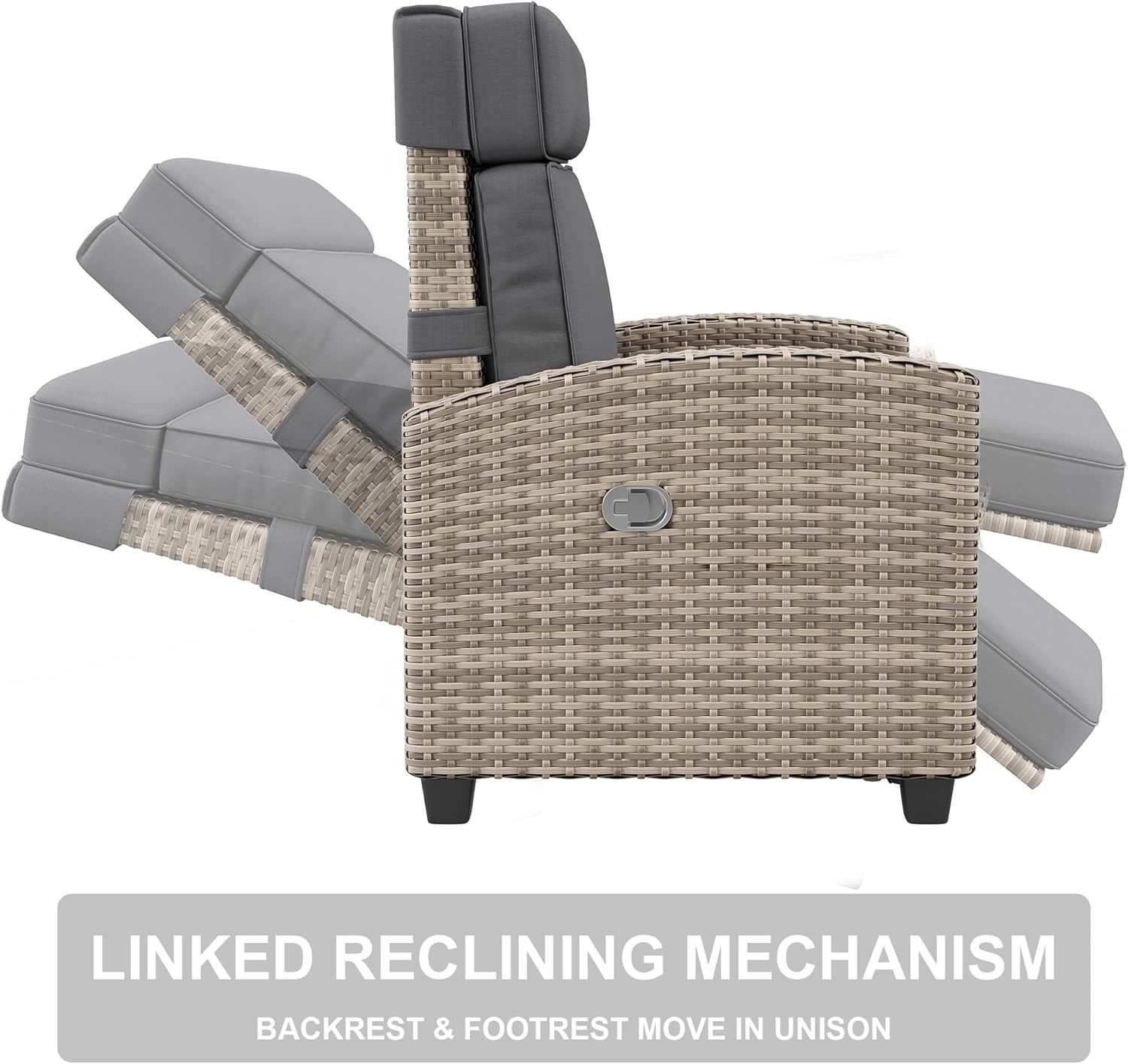 Garvee Outdoor Recliner Patio Chair – Adjustable 175° Backrest & Footrest, Turn over-Up Side Table, Removable Cushion, All-Weather Wicker Armchair, Ideal for Porch, Deck, Balcony, Brown Four-Line Rattan with Taupe Cushion