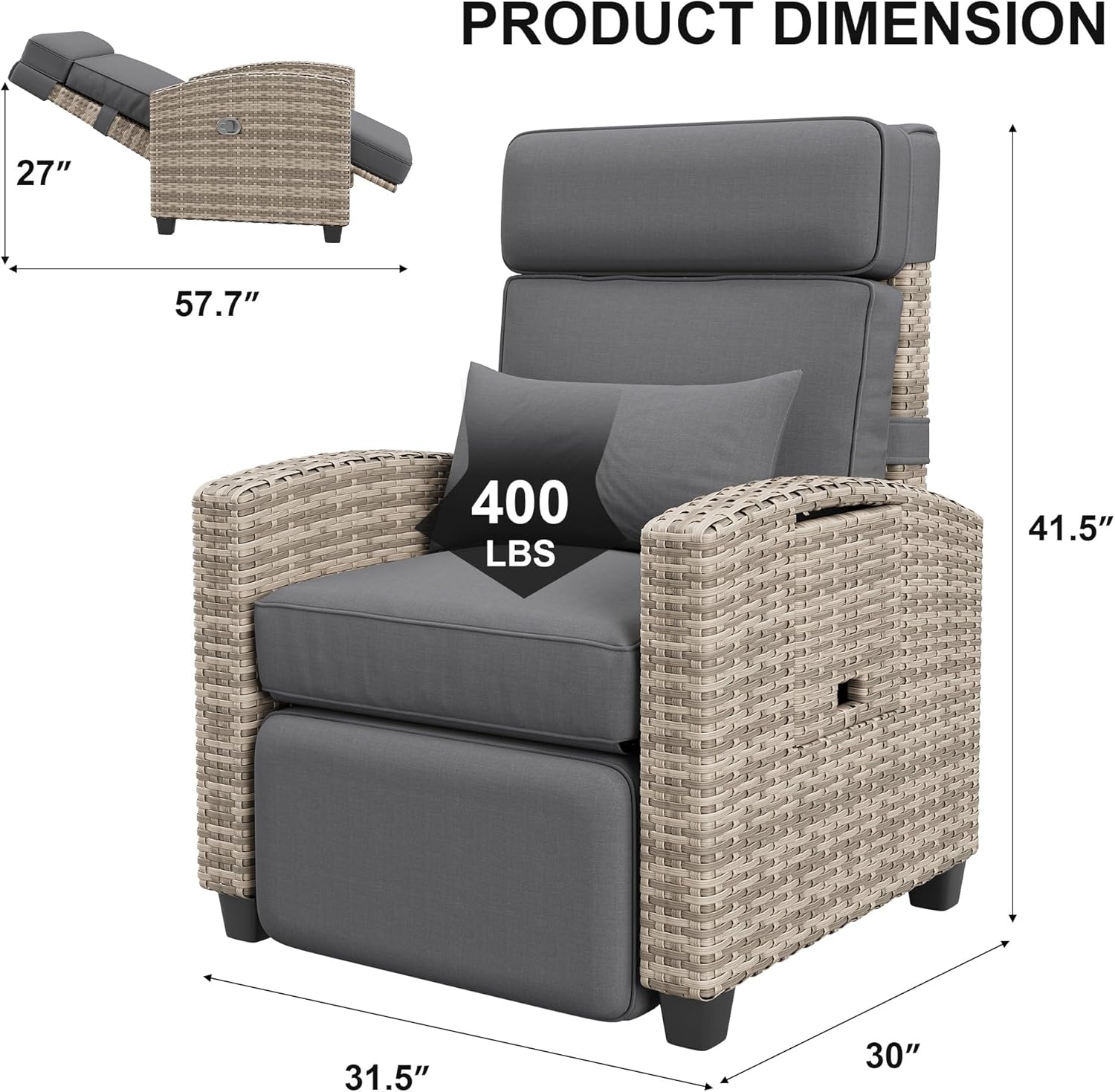 Garvee Outdoor Recliner Patio Chair – Adjustable 175° Backrest & Footrest, Turn over-Up Side Table, Removable Cushion, All-Weather Wicker Armchair, Ideal for Porch, Deck, Balcony, Brown Four-Line Rattan with Taupe Cushion