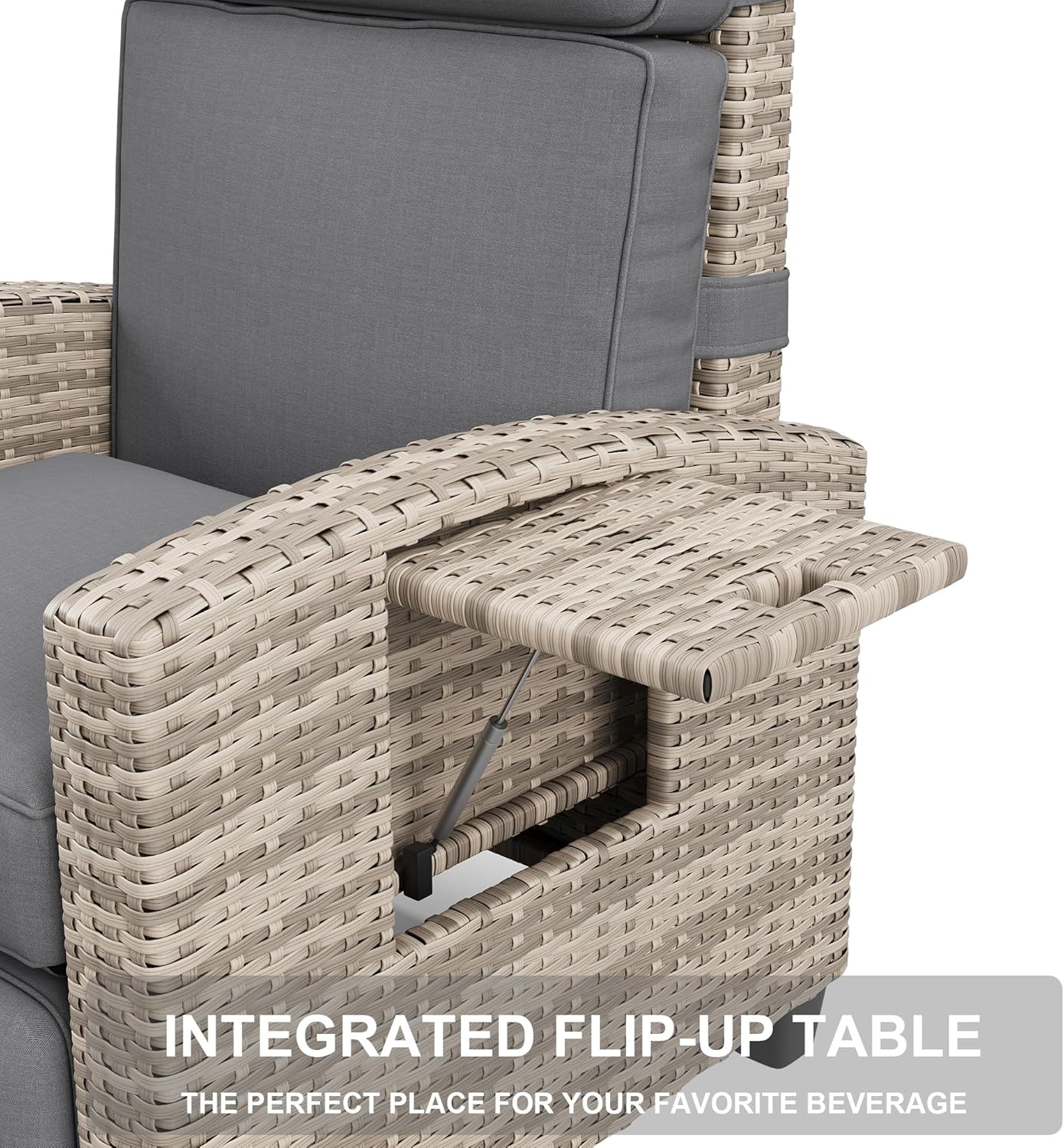 Garvee Outdoor Recliner Patio Chair – Adjustable 175° Backrest & Footrest, Turn over-Up Side Table, Removable Cushion, All-Weather Wicker Armchair, Ideal for Porch, Deck, Balcony, Brown Four-Line Rattan with Taupe Cushion