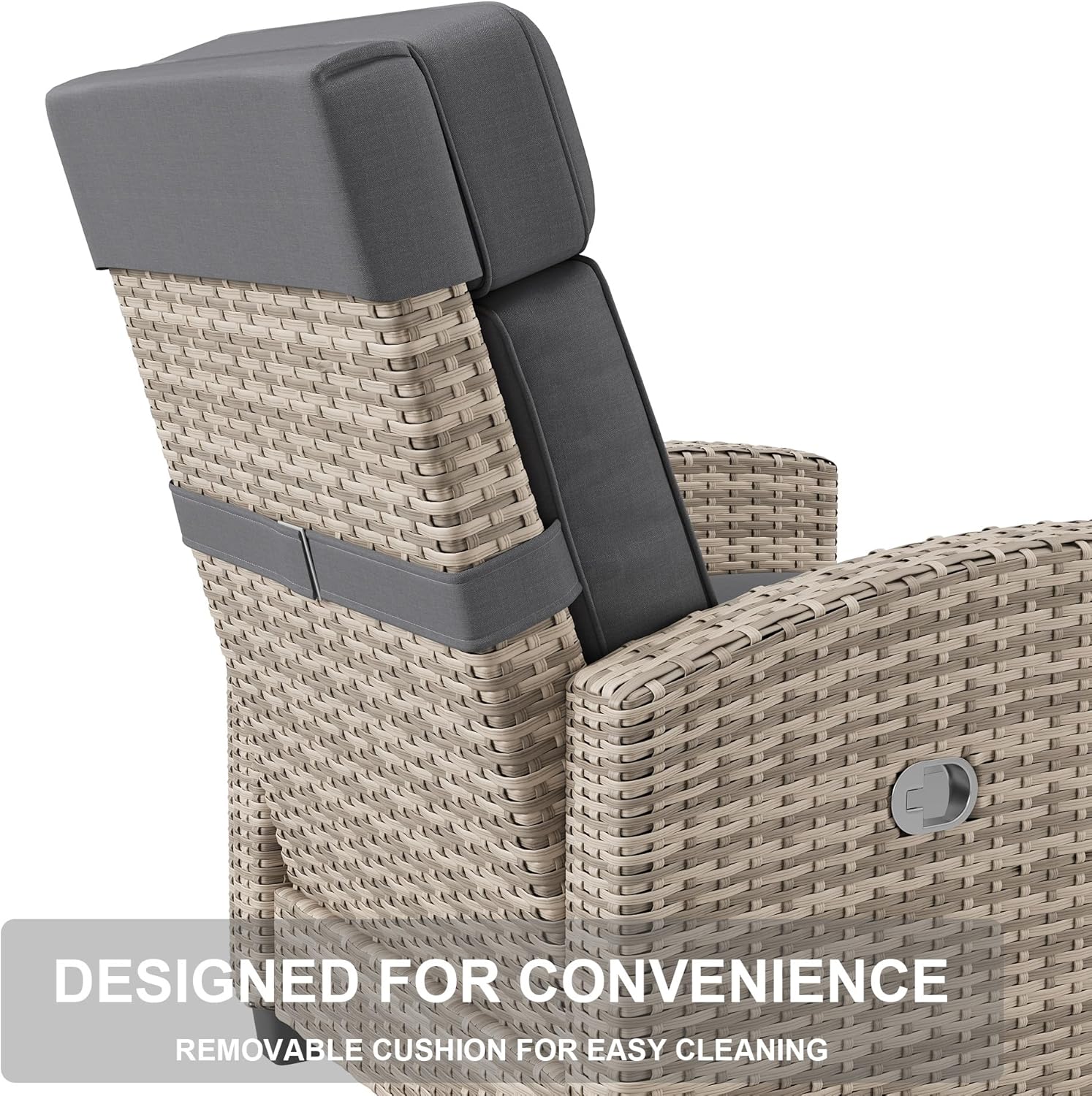 Garvee Outdoor Recliner Patio Chair – Adjustable 175° Backrest & Footrest, Turn over-Up Side Table, Removable Cushion, All-Weather Wicker Armchair, Ideal for Porch, Deck, Balcony, Brown Four-Line Rattan with Taupe Cushion