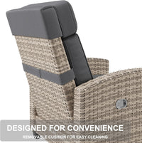 Garvee Outdoor Recliner Patio Chair – Adjustable 175° Backrest & Footrest, Turn over-Up Side Table, Removable Cushion, All-Weather Wicker Armchair, Ideal for Porch, Deck, Balcony, Brown Four-Line Rattan with Taupe Cushion