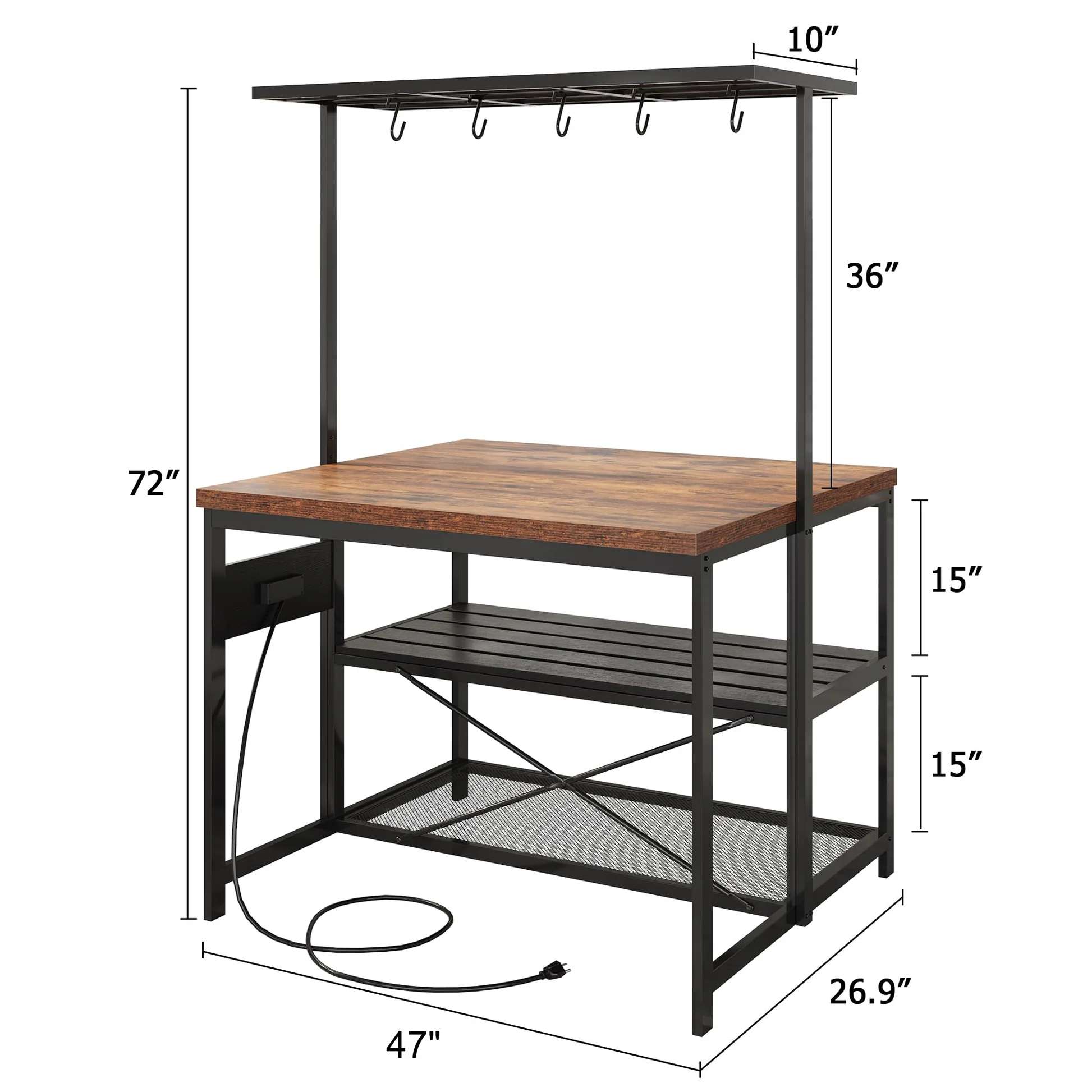 Garvee 47 inch Kitchen Island with Storage & Power Outlet 3-Tier Microwave Stand, Coffee Bar Table, and Bakers Rack with 5 Hooks for Kitchen, Dining and Living Rooms