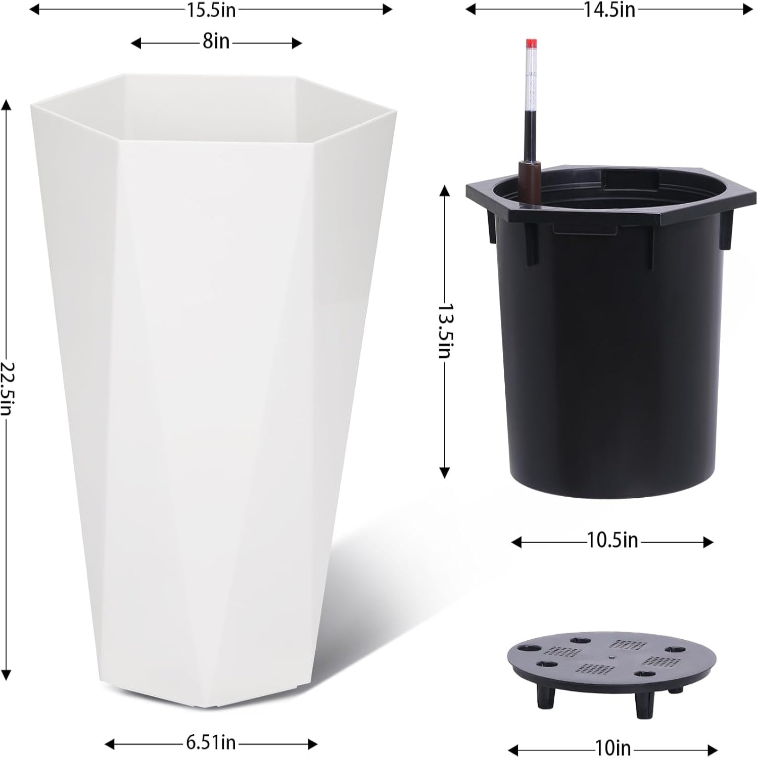 Garvee 22.4 Inch Tall Planters Set of 2 Large Flower Pot Outdoor and Indoor with 2 Trays and a Water Level Monitor and Wheels for Patio, Porch, Living Room, or Home Office, White