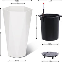 Garvee 22.4 Inch Tall Planters Set of 2 Large Flower Pot Outdoor and Indoor with 2 Trays and a Water Level Monitor and Wheels for Patio, Porch, Living Room, or Home Office, White