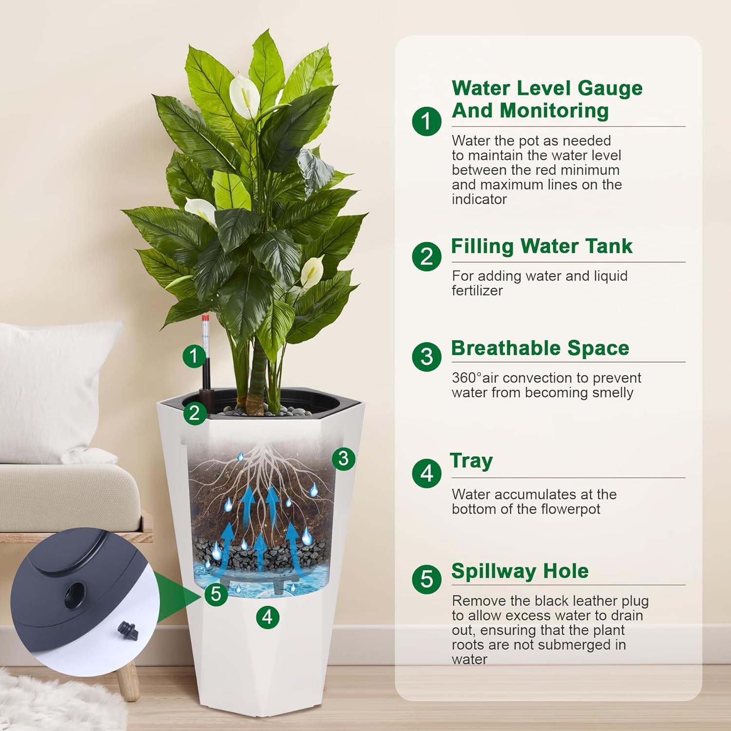 Garvee 22.4 Inch Tall Planters Set of 2 Large Flower Pot Outdoor and Indoor with 2 Trays and a Water Level Monitor and Wheels for Patio, Porch, Living Room, or Home Office, White