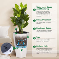 Garvee 22.4 Inch Tall Planters Set of 2 Large Flower Pot Outdoor and Indoor with 2 Trays and a Water Level Monitor and Wheels for Patio, Porch, Living Room, or Home Office, White