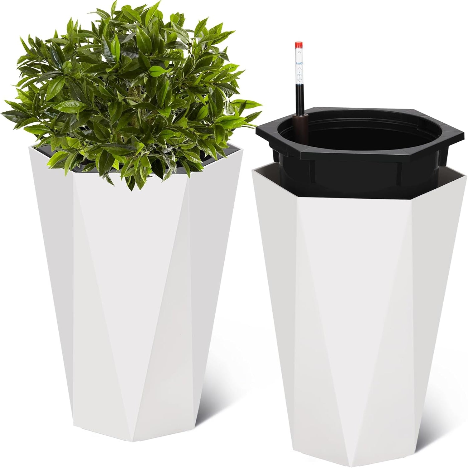 Garvee 22.4 Inch Tall Planters Set of 2 Large Flower Pot Outdoor and Indoor with 2 Trays and a Water Level Monitor and Wheels for Patio, Porch, Living Room, or Home Office, White