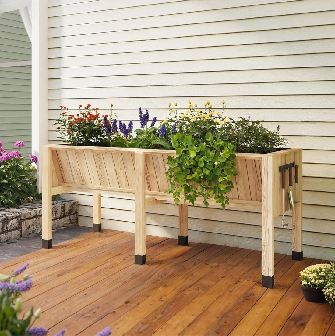 Garvee 46x24x31 in Wooden Raised Garden Bed with Legs & Hooks,13.7 in Planter Box, Non-Woven Liner, Outdoor Vegetable, Herb & Flower Planter