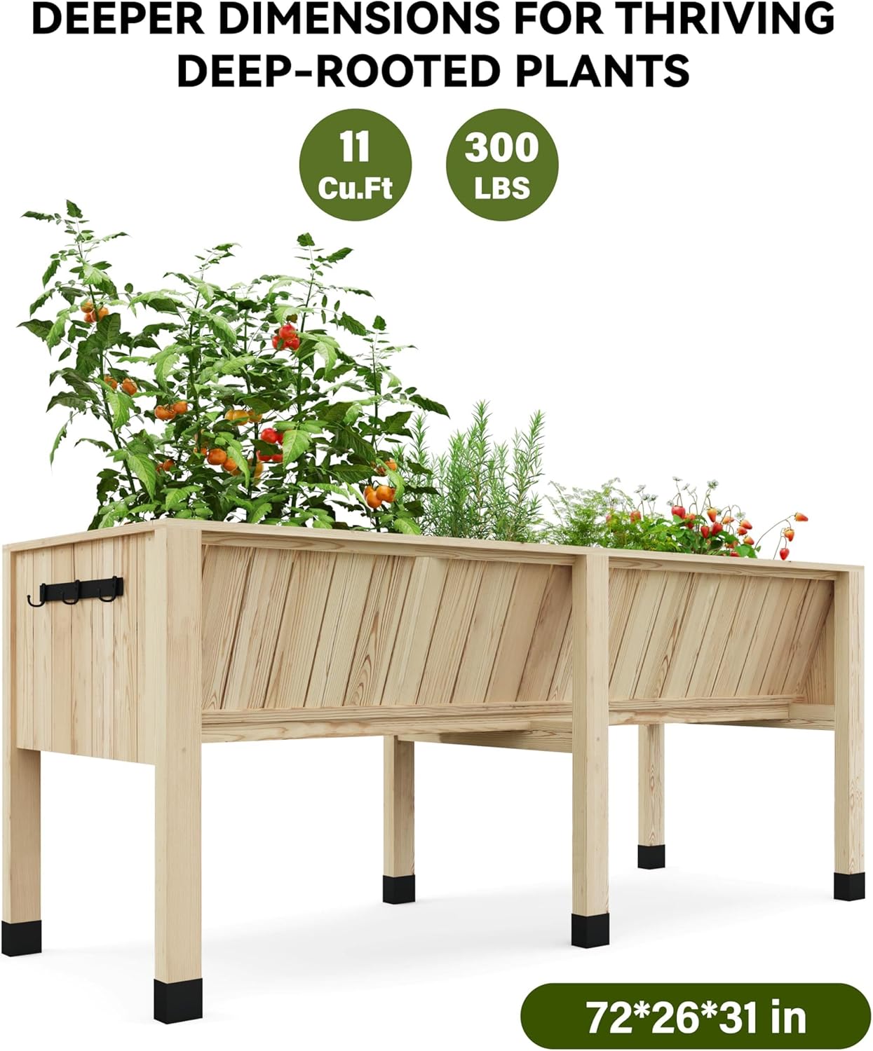 Garvee 72x26x31 in Wooden Raised Garden Bed with Legs & Hooks,13.7 in Planter Box, Non-Woven Liner, Outdoor Vegetable, Herb & Flower Planter