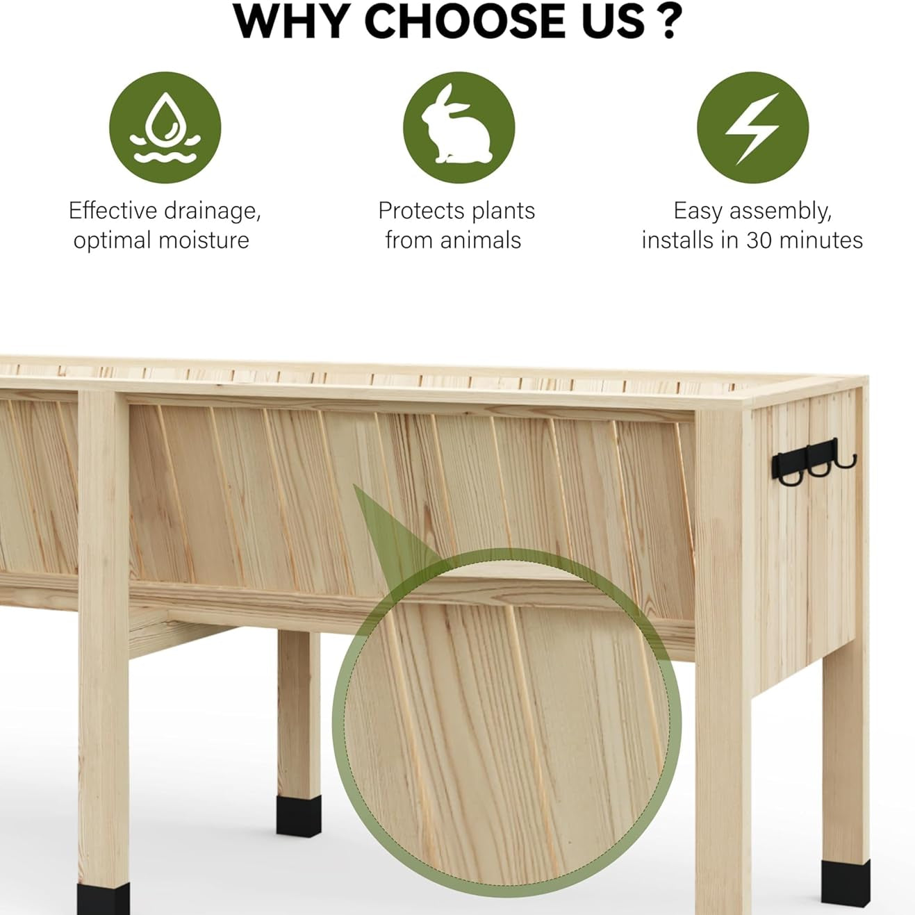 Garvee 72x26x31 in Wooden Raised Garden Bed with Legs & Hooks,13.7 in Planter Box, Non-Woven Liner, Outdoor Vegetable, Herb & Flower Planter