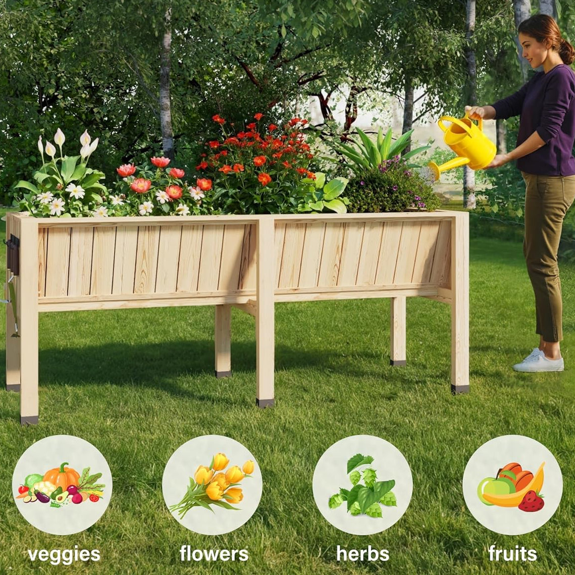 Garvee 72x26x31 in Wooden Raised Garden Bed with Legs & Hooks,13.7 in Planter Box, Non-Woven Liner, Outdoor Vegetable, Herb & Flower Planter
