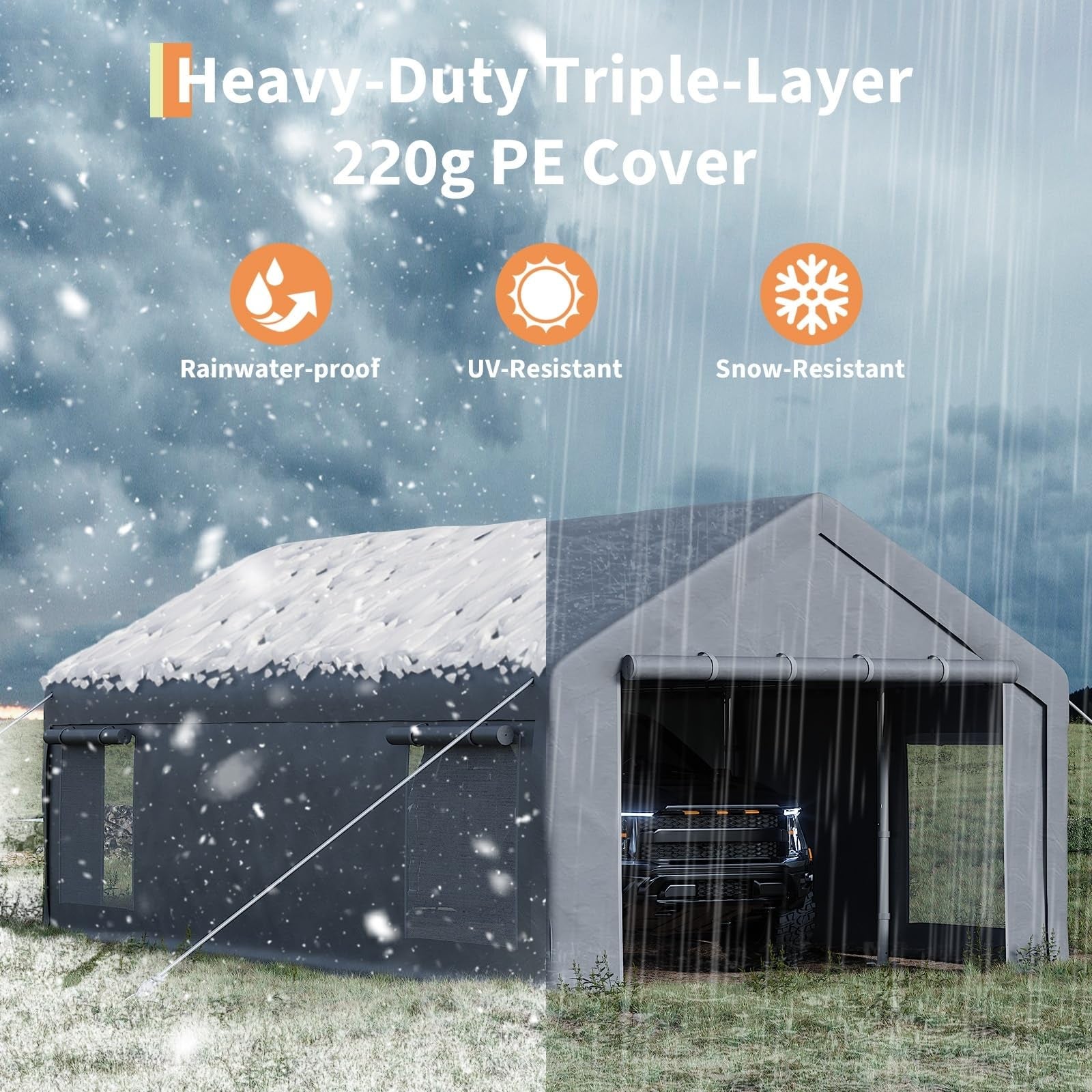 Garvee Heavy Duty Grey 13x25 FT Portable Carport Garage Shelter - Waterproof UV-Protected PE Canopy, Roll-Up Windows, Removable Sidewalls, Outdoor Storage for Car, Truck, Boat, Equipment