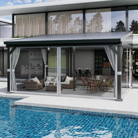 Garvee 12'x16' Wall-Mounted Hardtop Gazebo Aluminum Frame Galvanized Steel Roof Gutters Mosquito Netting Privacy Curtains for Backyard Deck Carport