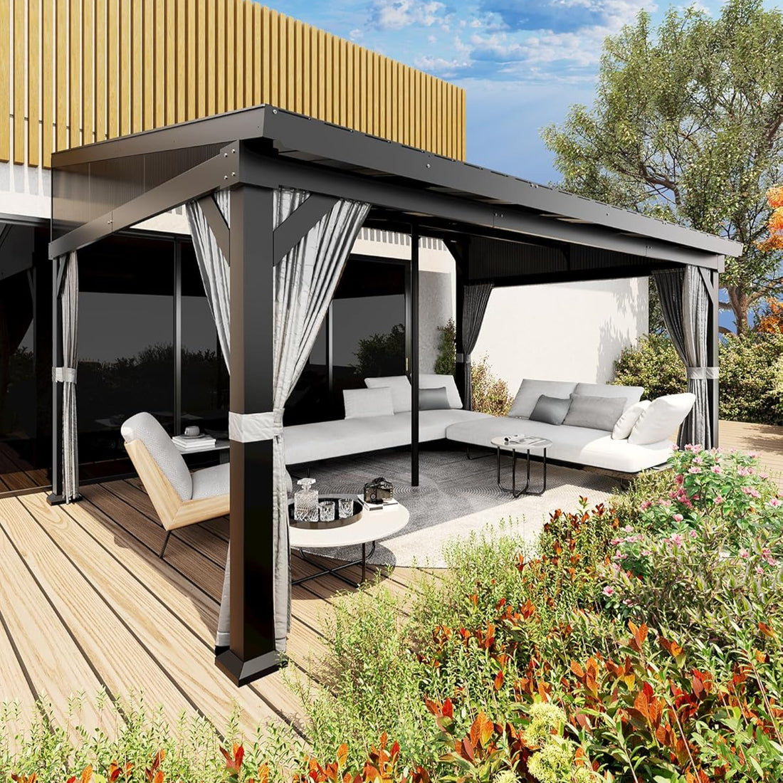 Garvee 12'x16' Wall-Mounted Hardtop Gazebo Aluminum Frame Galvanized Steel Roof Gutters Mosquito Netting Privacy Curtains for Backyard Deck Carport