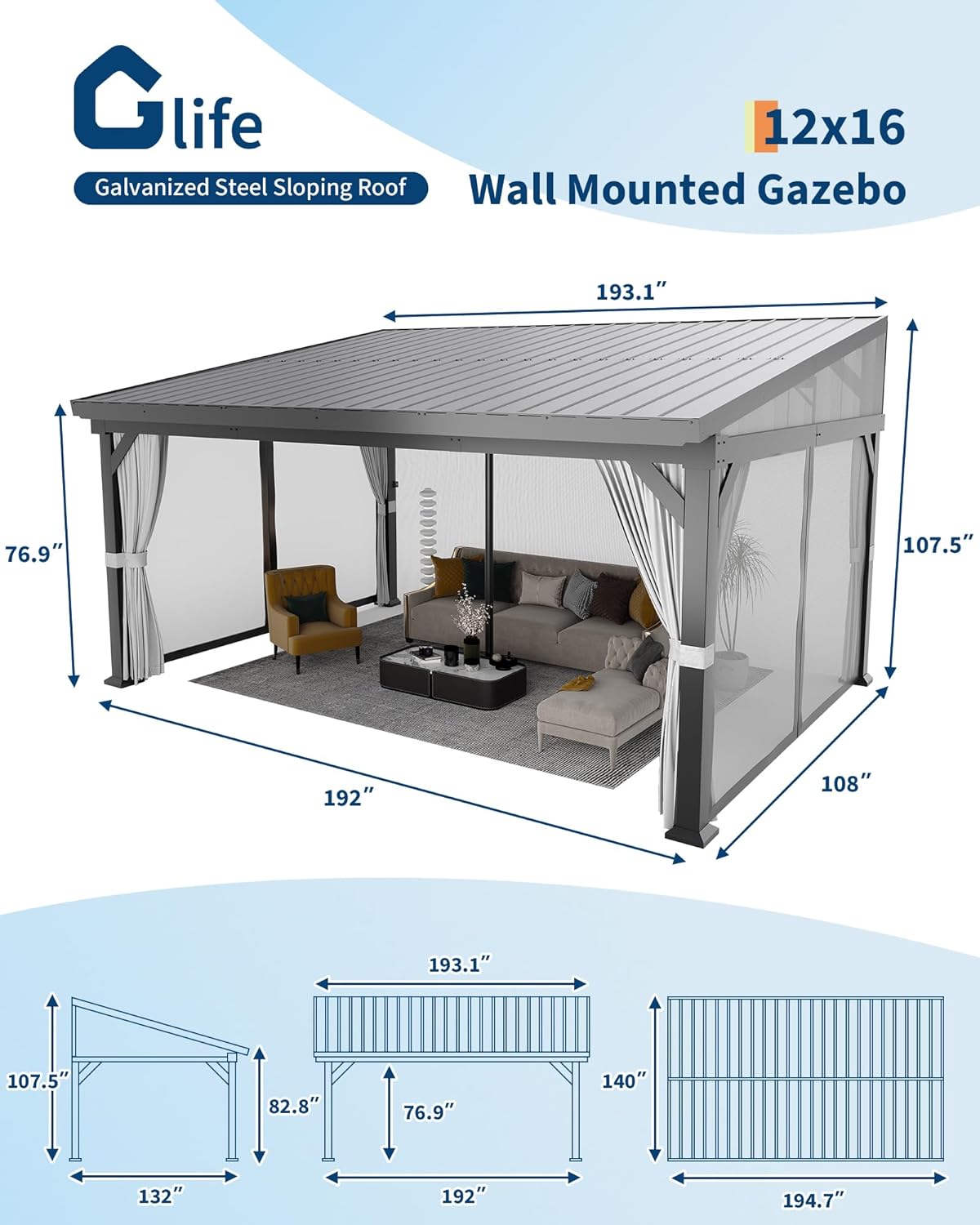 Garvee 12'x16' Wall-Mounted Hardtop Gazebo Aluminum Frame Galvanized Steel Roof Gutters Mosquito Netting Privacy Curtains for Backyard Deck Carport