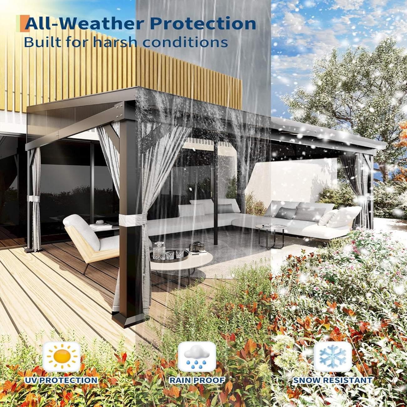 Garvee 12'x16' Wall-Mounted Hardtop Gazebo Aluminum Frame Galvanized Steel Roof Gutters Mosquito Netting Privacy Curtains for Backyard Deck Carport