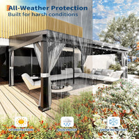 Garvee 12'x16' Wall-Mounted Hardtop Gazebo Aluminum Frame Galvanized Steel Roof Gutters Mosquito Netting Privacy Curtains for Backyard Deck Carport