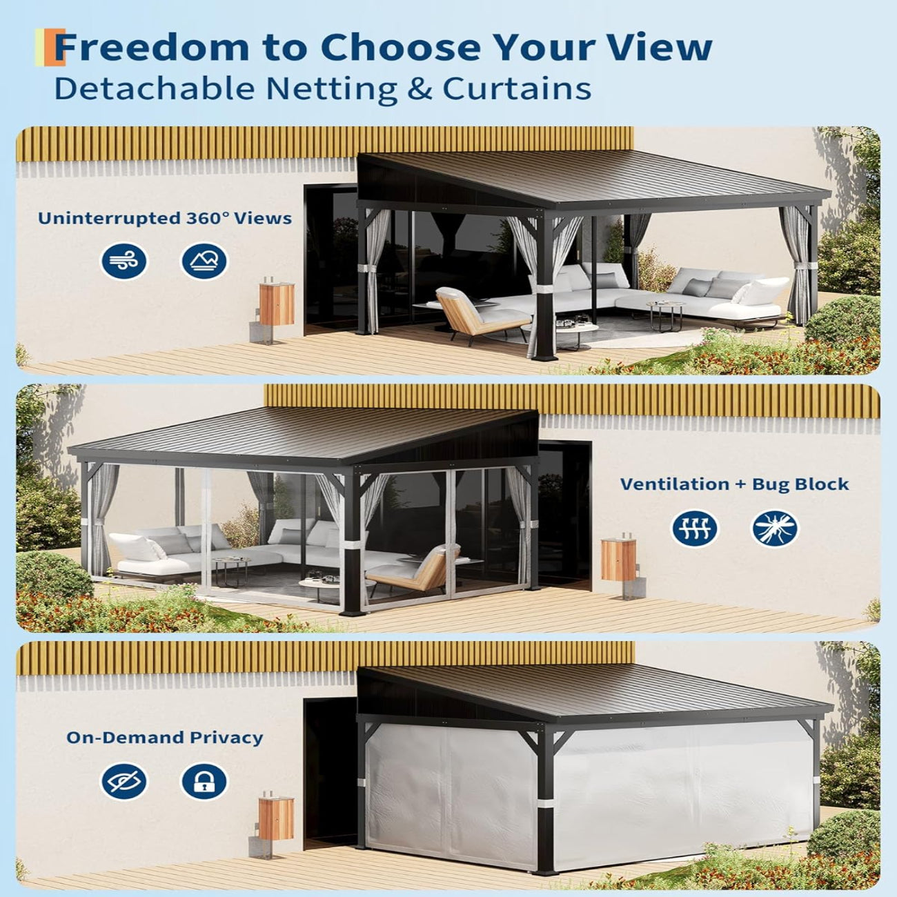 Garvee 12'x16' Wall-Mounted Hardtop Gazebo Aluminum Frame Galvanized Steel Roof Gutters Mosquito Netting Privacy Curtains for Backyard Deck Carport