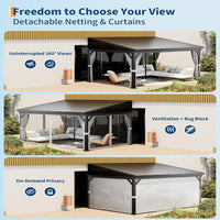 Garvee 12'x16' Wall-Mounted Hardtop Gazebo Aluminum Frame Galvanized Steel Roof Gutters Mosquito Netting Privacy Curtains for Backyard Deck Carport
