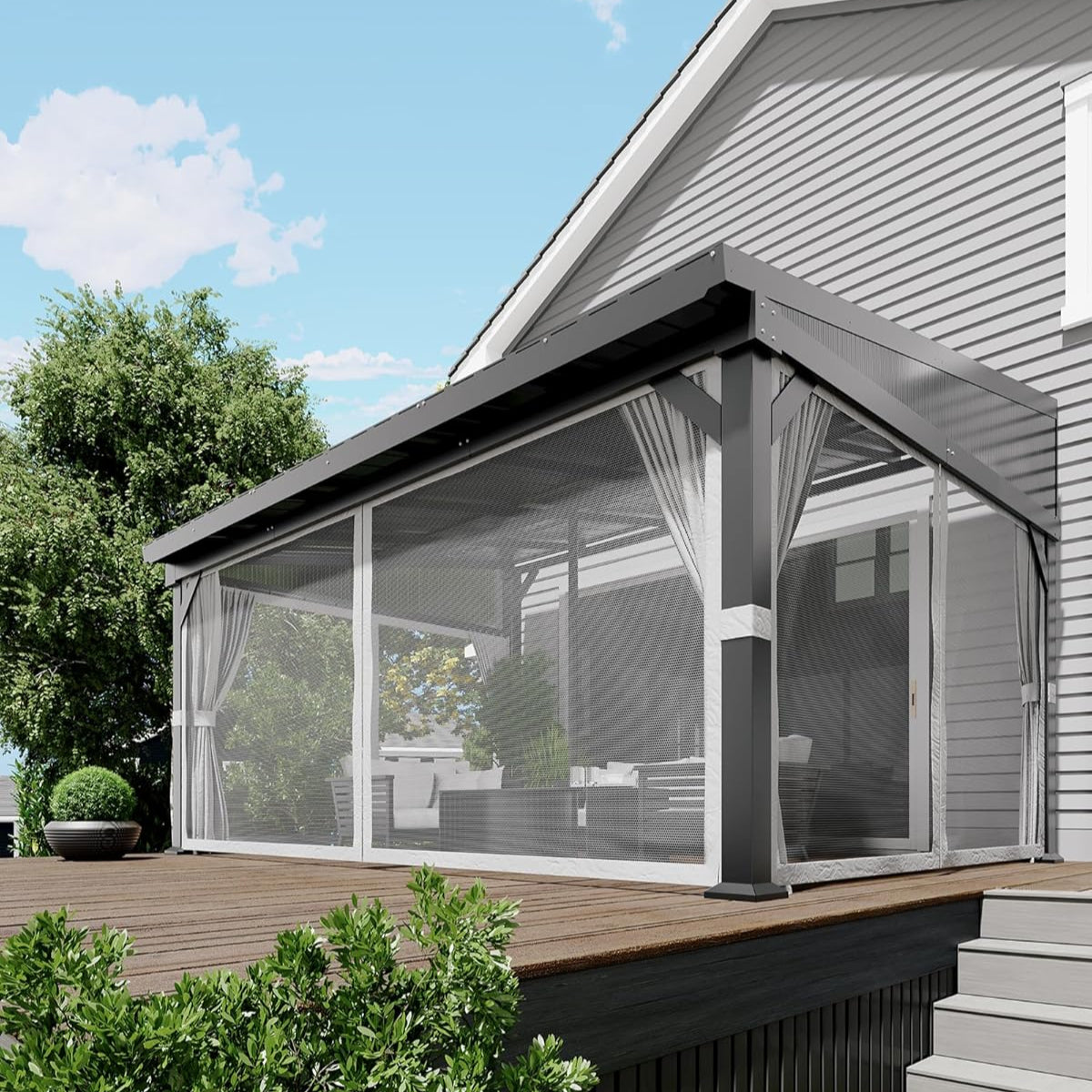 Garvee 12'x16' Wall-Mounted Hardtop Gazebo Aluminum Frame Galvanized Steel Roof Gutters Mosquito Netting Privacy Curtains for Backyard Deck Carport