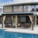 Garvee 12'x16' Wall-Mounted Hardtop Gazebo Aluminum Frame Galvanized Steel Roof Gutters Mosquito Netting Privacy Curtains for Backyard Deck Carport - Khaki