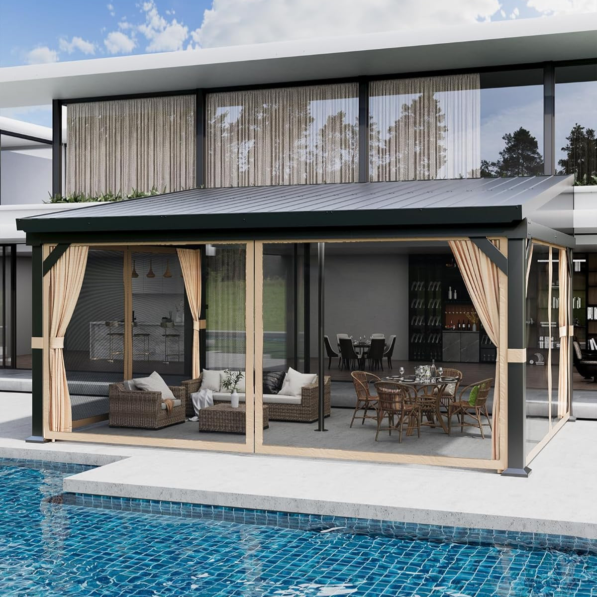 Garvee 12'x16' Wall-Mounted Hardtop Gazebo Aluminum Frame Galvanized Steel Roof Gutters Mosquito Netting Privacy Curtains for Backyard Deck Carport