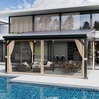 Garvee 12'x16' Wall-Mounted Hardtop Gazebo Aluminum Frame Galvanized Steel Roof Gutters Mosquito Netting Privacy Curtains for Backyard Deck Carport