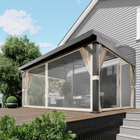 Garvee 12'x16' Wall-Mounted Hardtop Gazebo Aluminum Frame Galvanized Steel Roof Gutters Mosquito Netting Privacy Curtains for Backyard Deck Carport