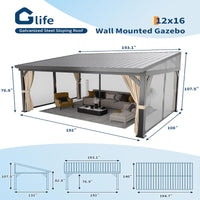 Garvee 12'x16' Wall-Mounted Hardtop Gazebo Aluminum Frame Galvanized Steel Roof Gutters Mosquito Netting Privacy Curtains for Backyard Deck Carport