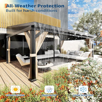 Garvee 12'x16' Wall-Mounted Hardtop Gazebo Aluminum Frame Galvanized Steel Roof Gutters Mosquito Netting Privacy Curtains for Backyard Deck Carport