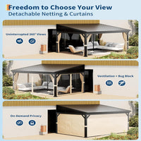 Garvee 12'x16' Wall-Mounted Hardtop Gazebo Aluminum Frame Galvanized Steel Roof Gutters Mosquito Netting Privacy Curtains for Backyard Deck Carport