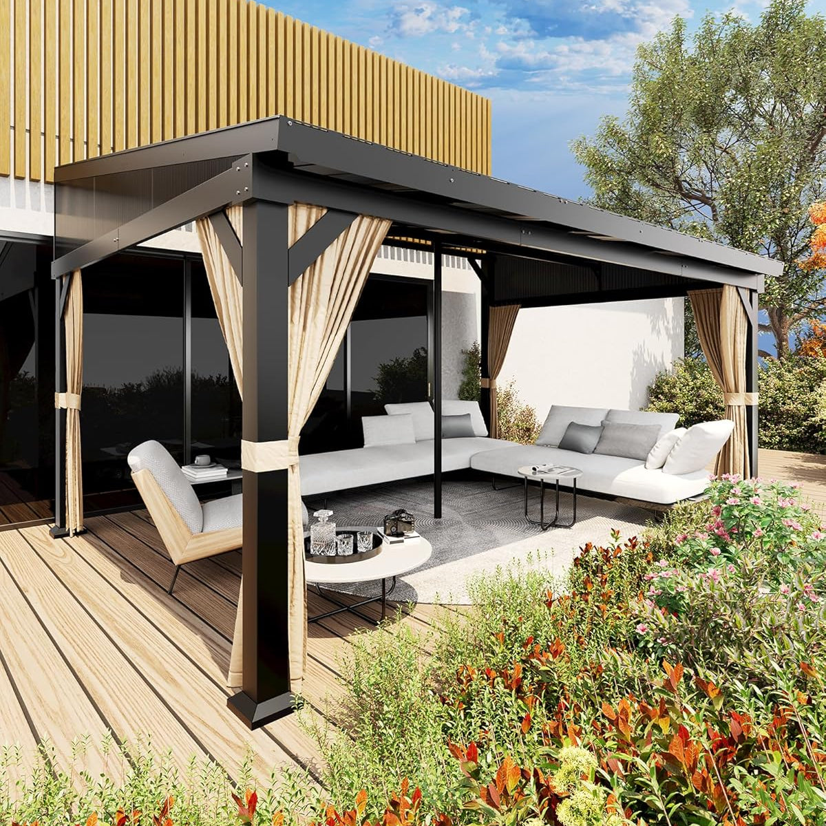 Garvee 12'x16' Wall-Mounted Hardtop Gazebo Aluminum Frame Galvanized Steel Roof Gutters Mosquito Netting Privacy Curtains for Backyard Deck Carport