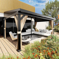 Garvee 12'x16' Wall-Mounted Hardtop Gazebo Aluminum Frame Galvanized Steel Roof Gutters Mosquito Netting Privacy Curtains for Backyard Deck Carport