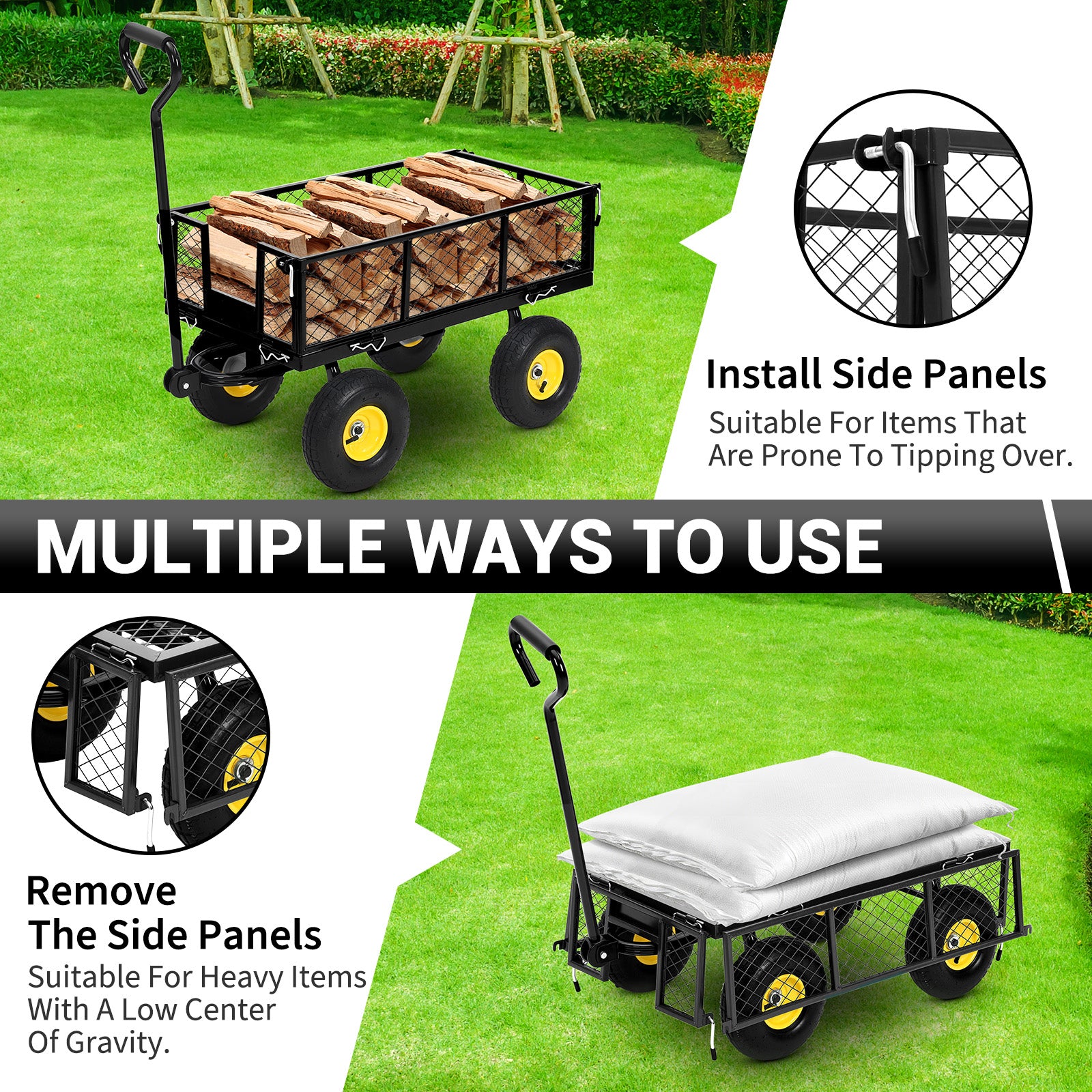 Garvee Heavy Duty Steel Garden Cart 900 LBS Load 3-in-1 Design 10" Pneumatic Tires 180° Rotating Handle Removable Sides for Farm Yard