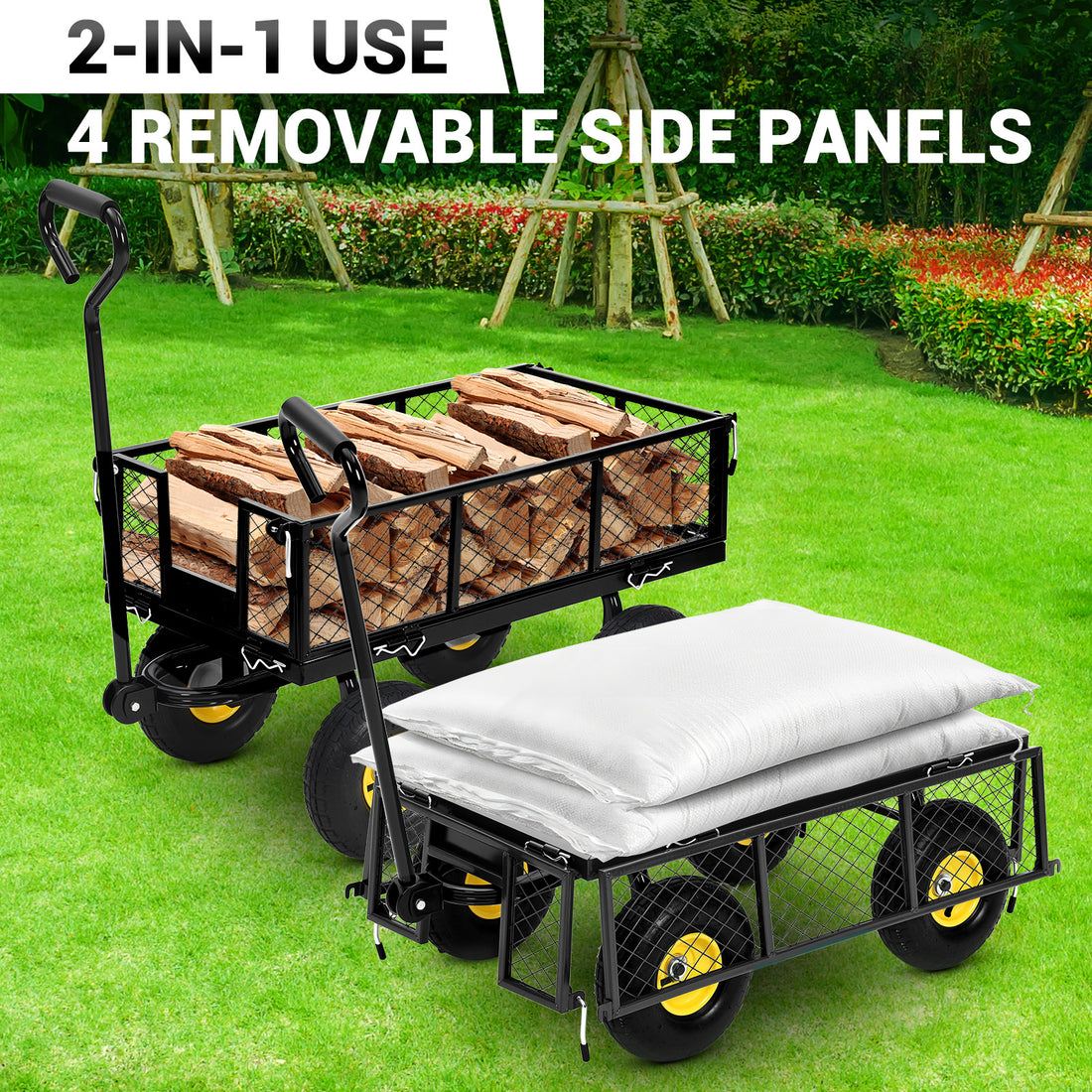 Garvee Heavy Duty Steel Garden Cart 900 LBS Load 3-in-1 Design 10" Pneumatic Tires 180° Rotating Handle Removable Sides for Farm Yard