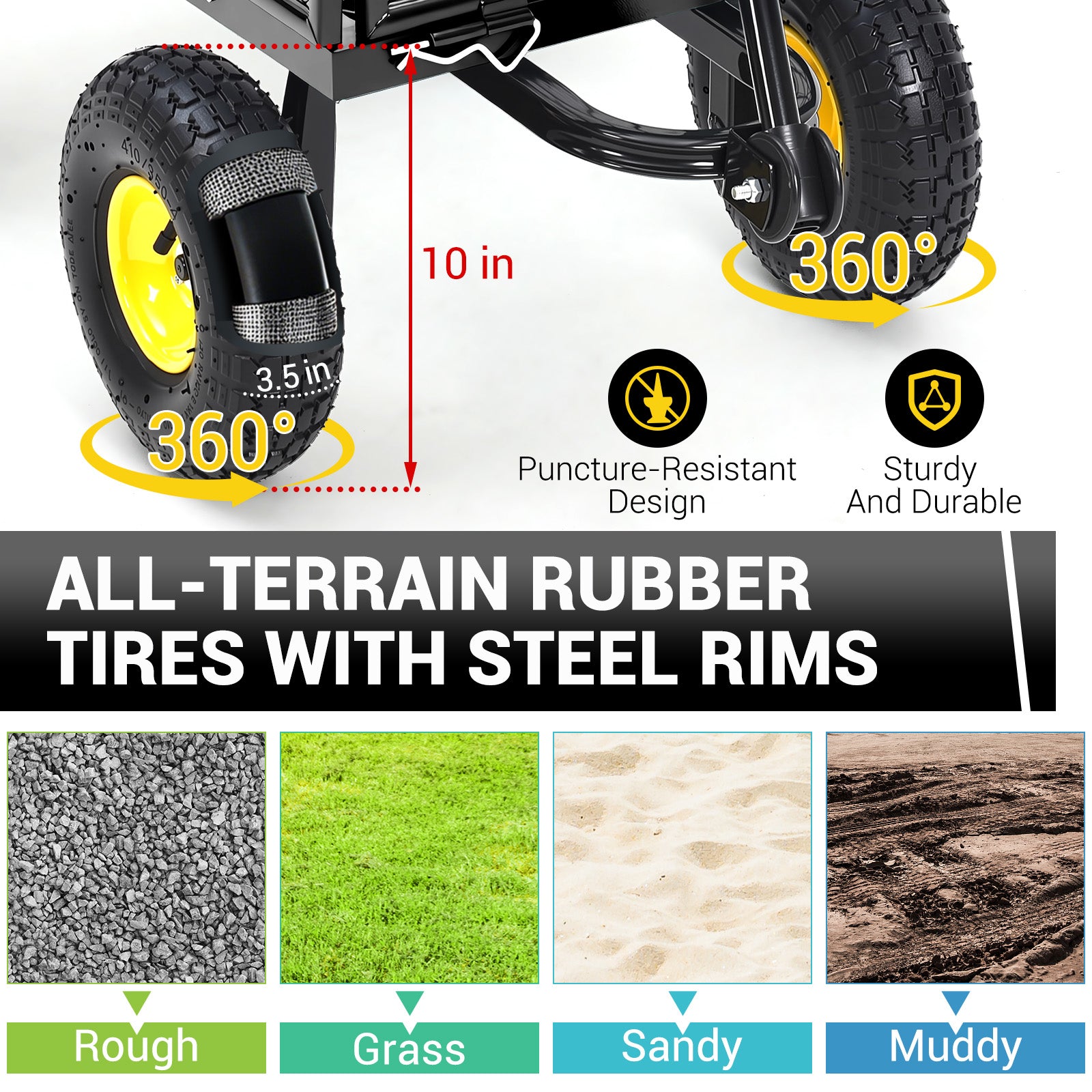 Garvee Heavy Duty Steel Garden Cart 900 LBS Load 3-in-1 Design 10" Pneumatic Tires 180° Rotating Handle Removable Sides for Farm Yard