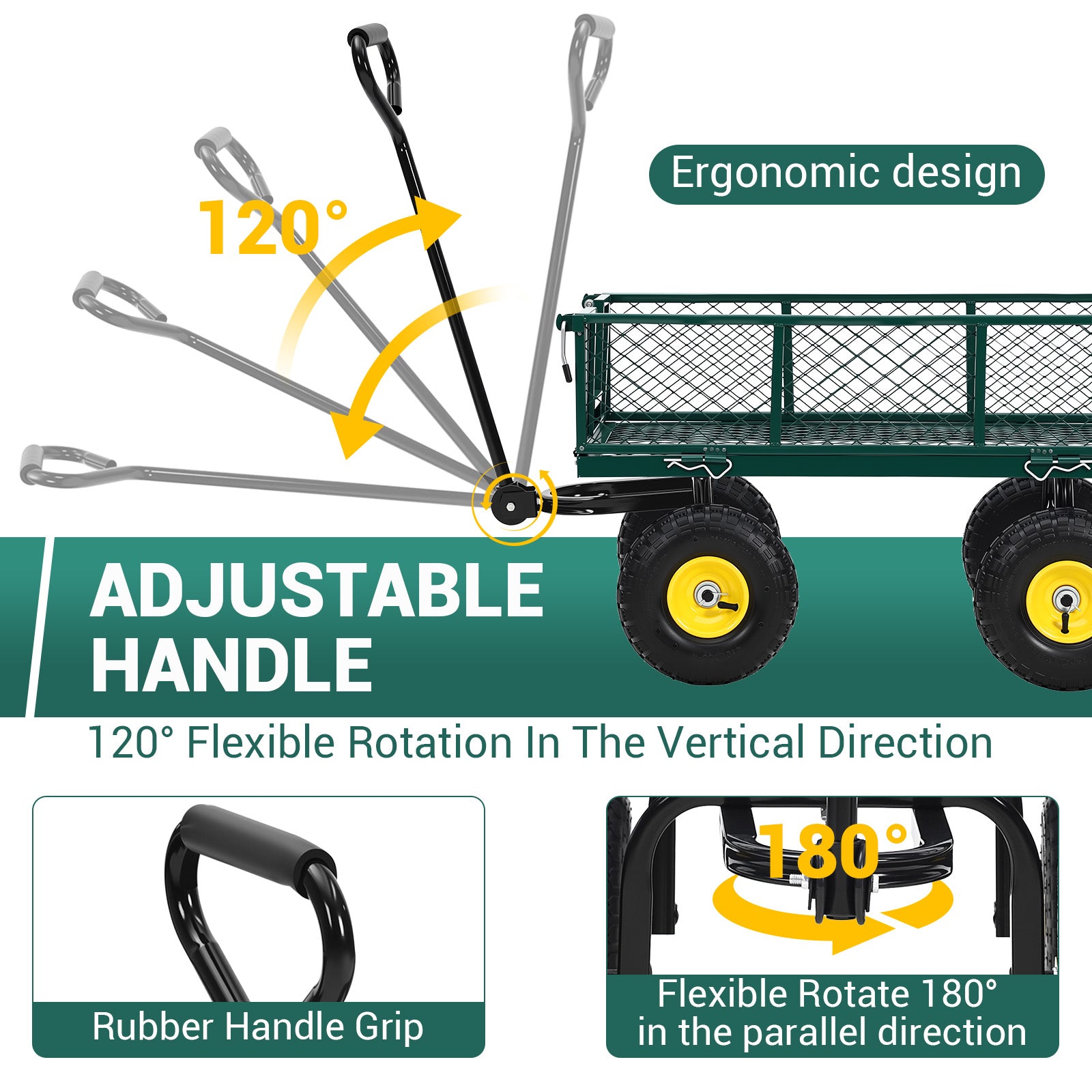 Garvee Heavy Duty Steel Garden Cart 550 LBS Load 3-in-1 Design 10" Pneumatic Tires 180° Rotating Handle Removable Sides for Farm Yard